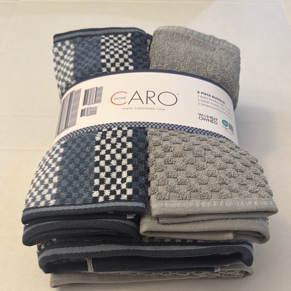 💥 6pc CARO HOME 100% Cotton Bath Towel Set - Blue/Grey